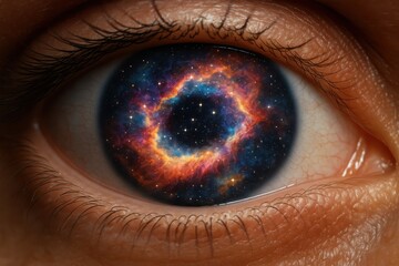 Cosmic vision with nebula reflection in human iris showing universe connection
