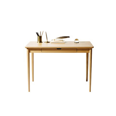 Elegant wooden writing desk with a minimalist design, featuring a classic feather quill and pen set, perfect for a modern home office or study area, isolated on white.