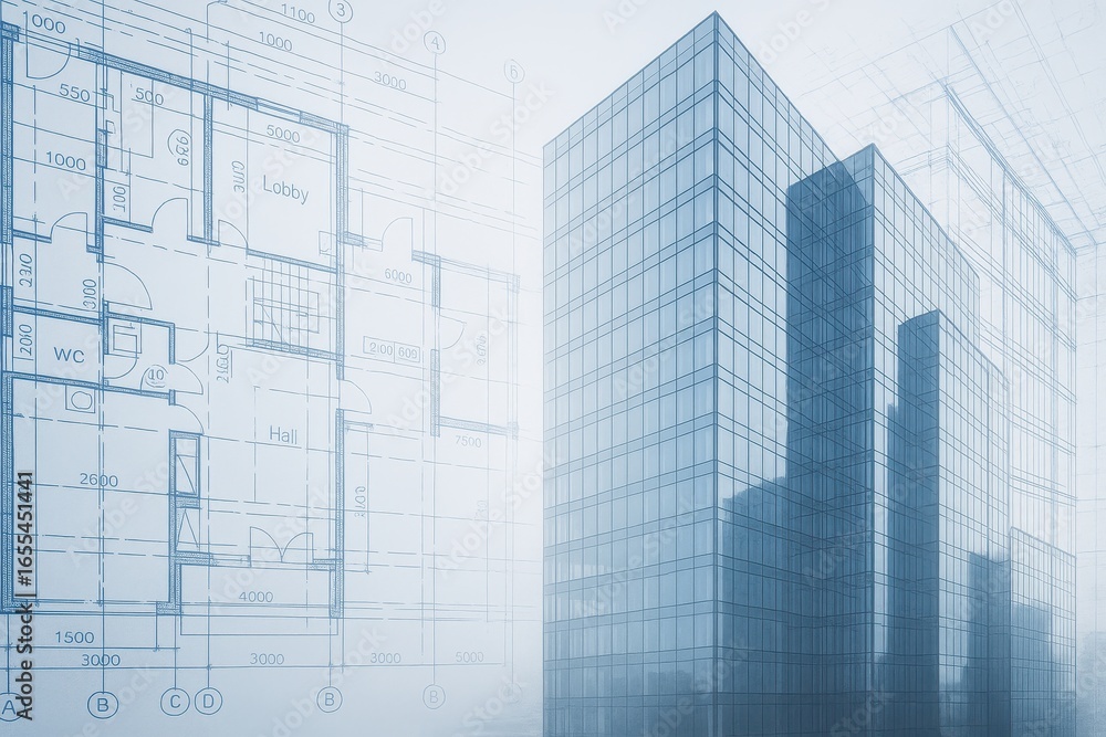 Poster digital construction blueprint overlay showing smart building technology integration