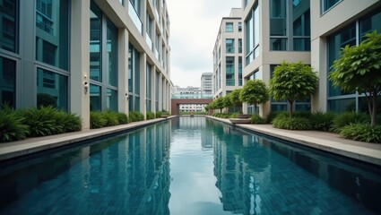 Modern architectural complex with a long swimming pool.