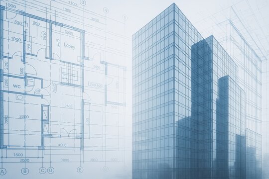 Digital construction blueprint overlay showing smart building technology integration
