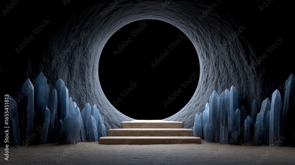 Poster stone steps leading to a circular opening within a rough cavern flanked by sharp crystal formations