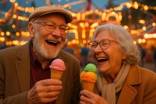 Joyful senior couple sharing romantic moment with ice cream treats at vibrant summer carnival