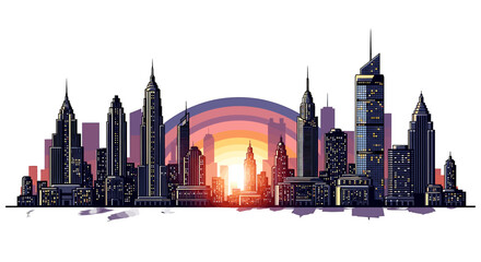 Obraz premium Illustration of a cityscape with tall buildings and a sunset in the background creating a skyline view on transparent background