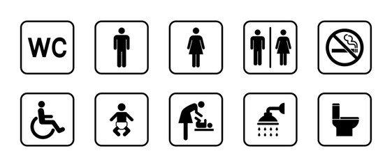 Toilet icon set. WC sign. Washroom, male, female, unisex accessible, baby changing table room, shower, handicap, No smoking symbol. Public bathroom pictogram. Transparent png and vector illustration.