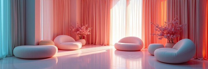 Modern lounge area with soft furnishings and pastel colors.