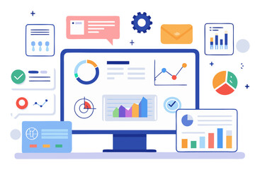 Fototapeta premium A sleek digital dashboard with charts, graphs, and icons showcasing business analytics, financial reports, and marketing performance—symbolizing data-driven decision-making and intelligence.