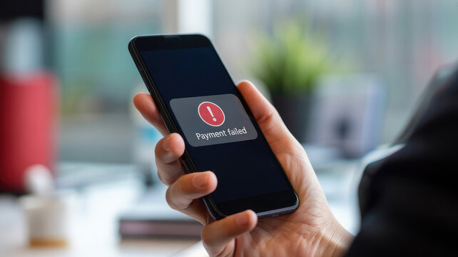 Frustrated customer sees payment failed message on smartphone screen in hand, online shopping issue