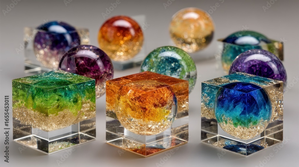 Poster collection of colorful glass spheres and cubes with glitter embedded inside on a gray background