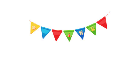 Fototapeta premium Colorful party banner with star gift and party hat icons hanging on a string for celebration decoration on transparent background