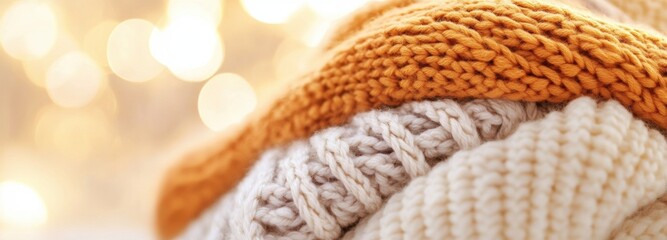 Warm knitted scarf in autumn hues showcasing intricate yarn textures against a soft background