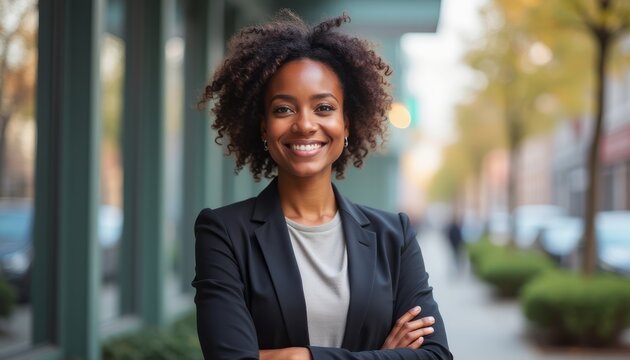 Confident woman smiling in business attire - Powered by Adobe