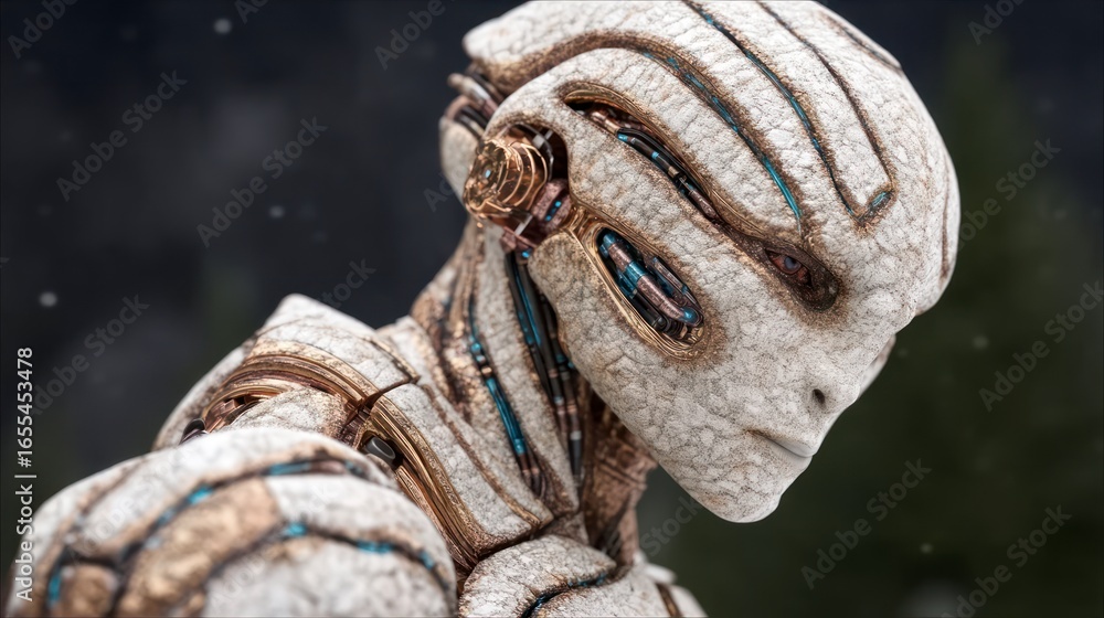 Aufkleber detailed close up of a textured alien creature with intricate robotic mechanisms visible
