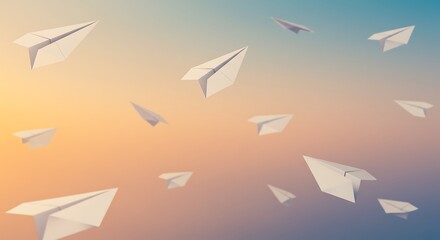 Paper Planes Ascend: A flight of paper airplanes soar effortlessly, silhouetted against a gradient sky, evoking a sense of dreams, aspirations, and the boundless possibilities of flight.