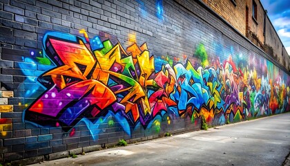 Fototapeta premium Vibrant Graffiti Art Mural on Brick Wall with Urban Street Scene, and Colorful Background.