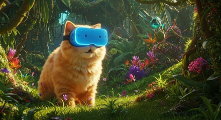 Obraz premium VR Cat in Wonderland: A fluffy cat, adorned with VR goggles, gazes curiously amidst a whimsical wonderland setting.