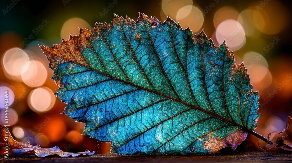 Aufkleber close up of a decaying blue and green leaf with intricate veins showing autumn colors and soft bokeh