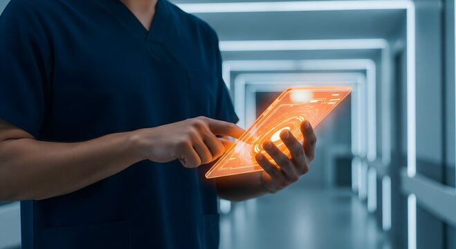 Futuristic Healthcare: Medical Professional Using a Glowing Transparent Tablet - Powered by Adobe