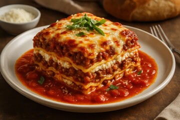 Homemade beef lasagna with rich tomato sauce served on pristine white plate
