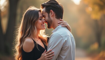 Fototapeta premium Romantic couple sharing a tender moment in a sunlit forest
