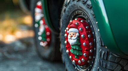 Close-up of a red vehicle's wheel with festive holiday-themed hubcap in snowy outdoor setting