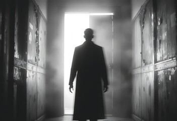 Obraz premium Dark silhouette of man in trench coat standing in eerie smoky hallway