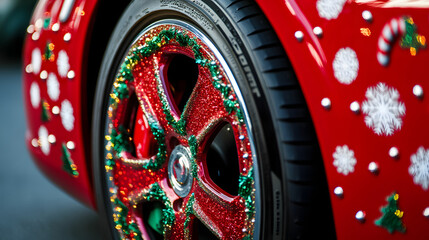 Close-up of a red vehicle's wheel with festive holiday-themed hubcap in snowy outdoor setting