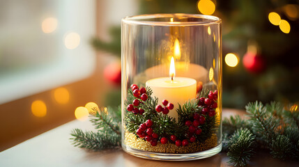 A lit candle in a glass holder decorated with red berries and greenery, set against a festive background with blurred lights.