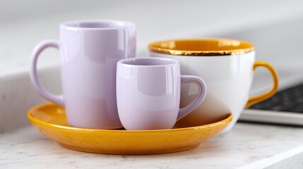 Obraz premium Three ceramic mugs and a saucer in pastel lilac and white colors with golden accents