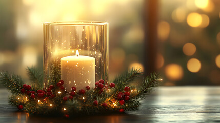 A lit candle in a glass holder decorated with red berries and greenery, set against a festive background with blurred lights.