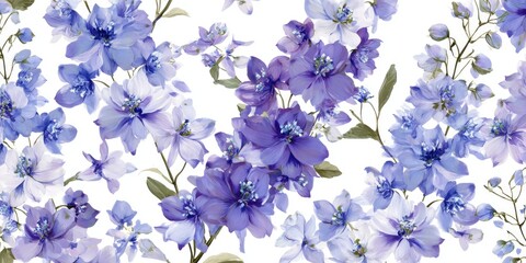 A vibrant floral pattern showcasing delicate, light purple and lavender blossoms.  The image features a repeating design of various flowers with detailed petals and leaves on a white background.  
