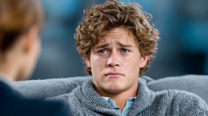 Young man crying with tears streaming down his face while talking to someone