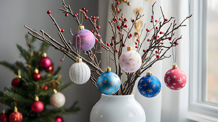 Green suitcase decorated with Christmas-themed stickers featuring Santa, snowflakes, and holiday symbols