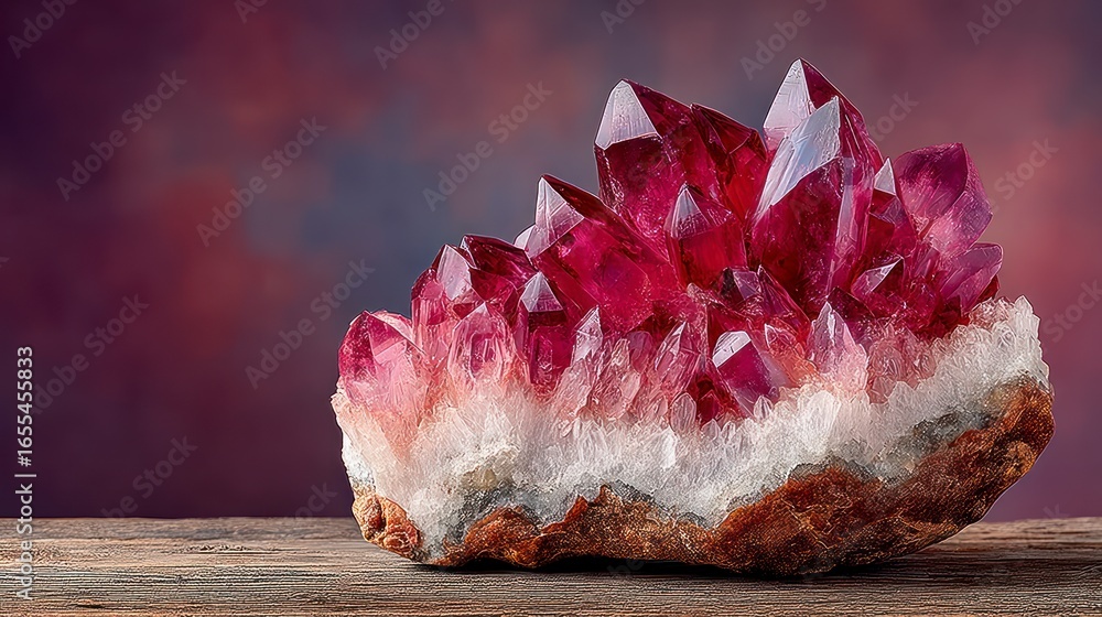 Poster deep pink amethyst crystal cluster on a textured wooden surface with a soft gradient background