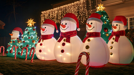 Illuminated snowmen and Christmas tree display at night