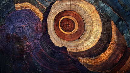 Close-up of tree rings in trunk cross-section showing concentric patterns and textures of age and growth