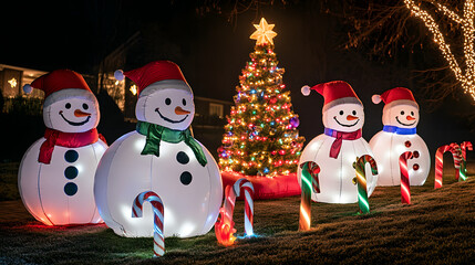Illuminated snowmen and Christmas tree display at night
