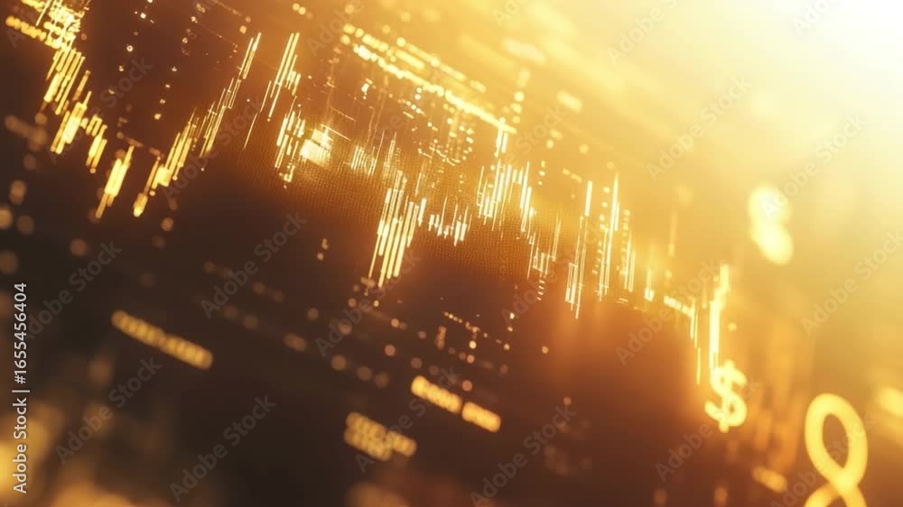 Poster abstract financial data visualization with glowing graphs and digital elements in vibrant orange ton