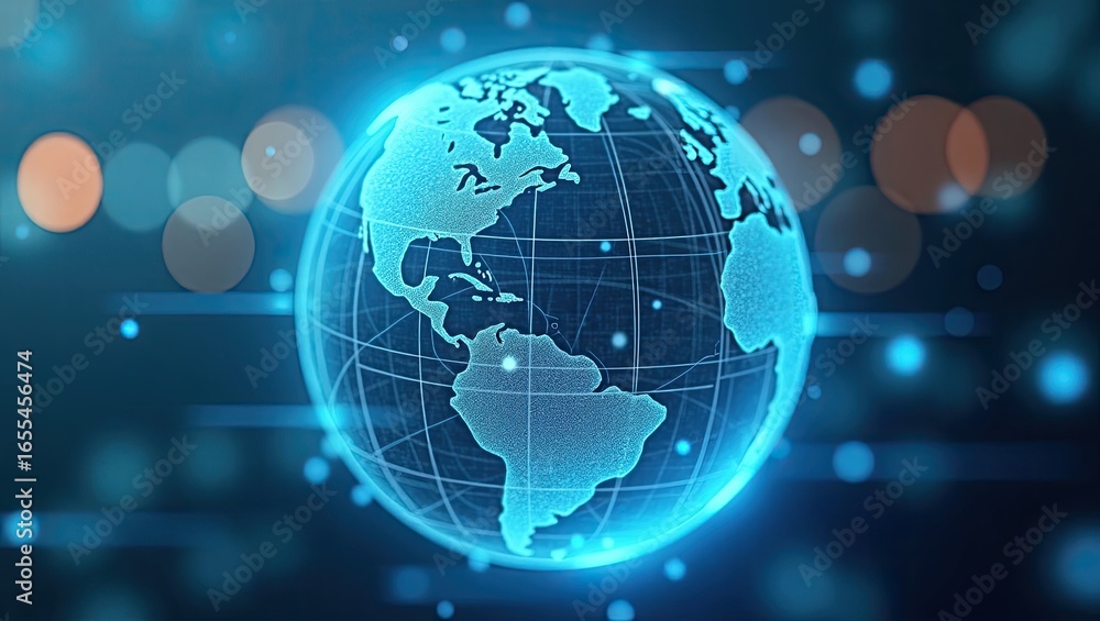 Poster digital representation of the world globe with network-like structures.