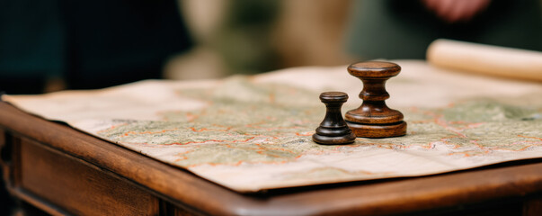 Obraz premium rustic wooden table displays a vintage map with two wooden stamps, evoking a sense of exploration and adventure.