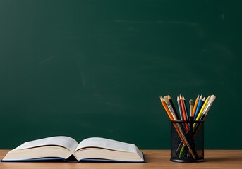 An Organized Workspace Featuring a Book and Colorful Stationery on a Wooden Table with a Green Chalkboard Background
