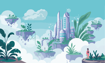 Fototapeta premium Illustration Of A Sci-Fi Floating City With Plants And Futuristic Towers, Suitable For Video Game Or Animation Backgrounds