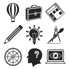 Collection of nine black and white icons representing business education creativity and innovation
