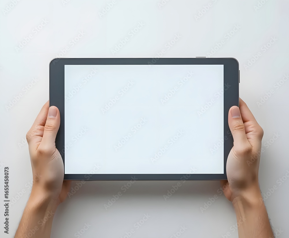 Poster showcase your app with this vibrant tablet held by hands, perfect for tech demos and ui design mocku