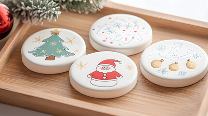 Four Christmas-themed ceramic coasters featuring Santa, a bell, a tree, and a snowman on a wooden tray