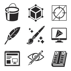 Collection of nine graphic design and creative process icons including a paint bucket 3d cube crosshair feather paintbrush computer screen web page eye with pencil and color swatch book