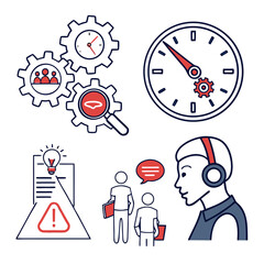 Fototapeta premium Business process optimization and customer service icons with gears clock and people interacting