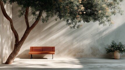 Garden Bench Shining in Sunlight, Minimalist Composition with Copy Space for Serene Outdoor Settings