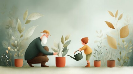 Heartwarming scene of grandfather teaching grandson gardening skills, showcasing intergenerational bonding