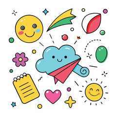 Whimsical hand drawn doodle collection featuring a smiling cloud flying a red paper airplane surrounded by cheerful emojis stars a notebook and other playful elements